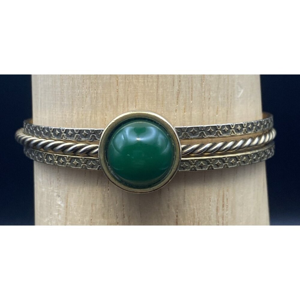 Monet Vintage Triple Band Gold Tone Bangle Sliding Green Cabochon 1970-80s Sz M
